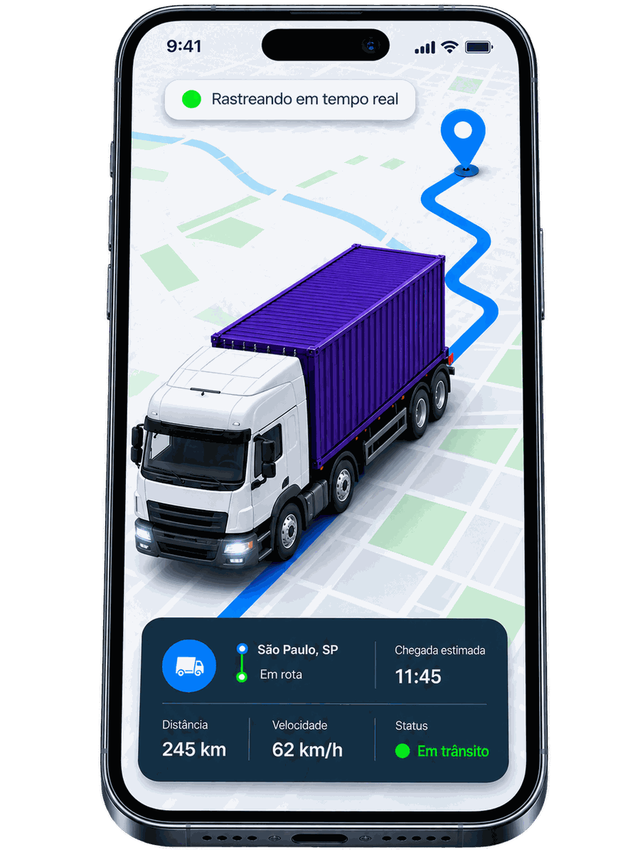 Celular mostrando o rastreamento de uma viagem em tempo real, com origem, chegada estimada, distância, velocidade e status em trânsito