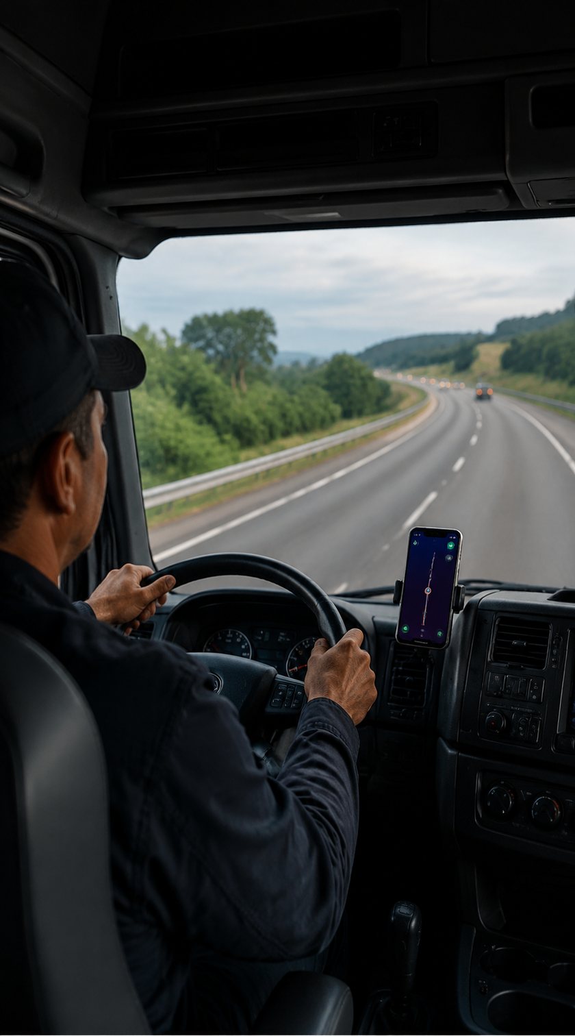 Motorista na estrada com o celular no painel, recebendo oferta de carga