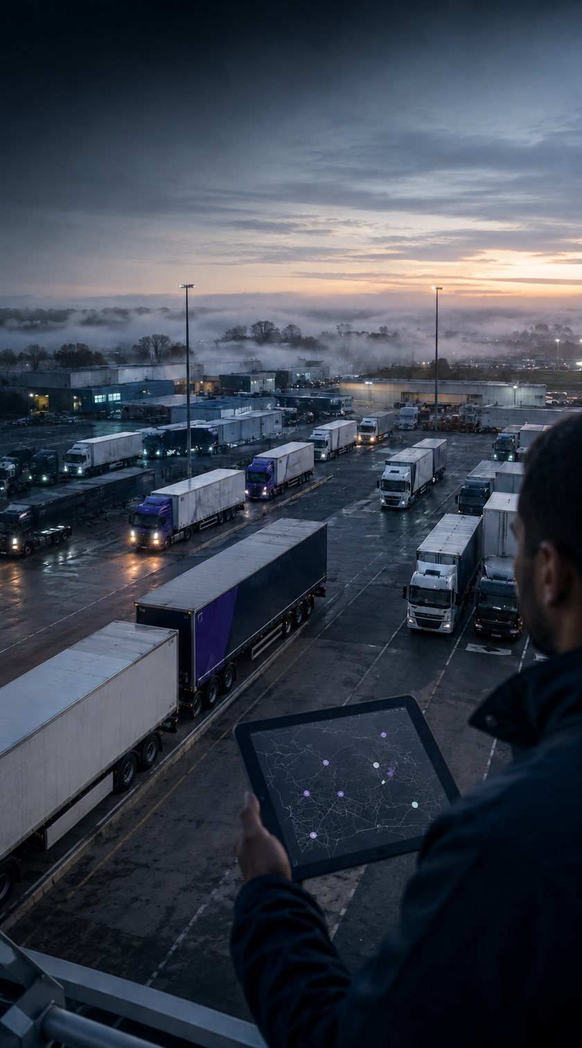 Pátio de transportadora ao amanhecer, com a frota sendo acompanhada por tablet