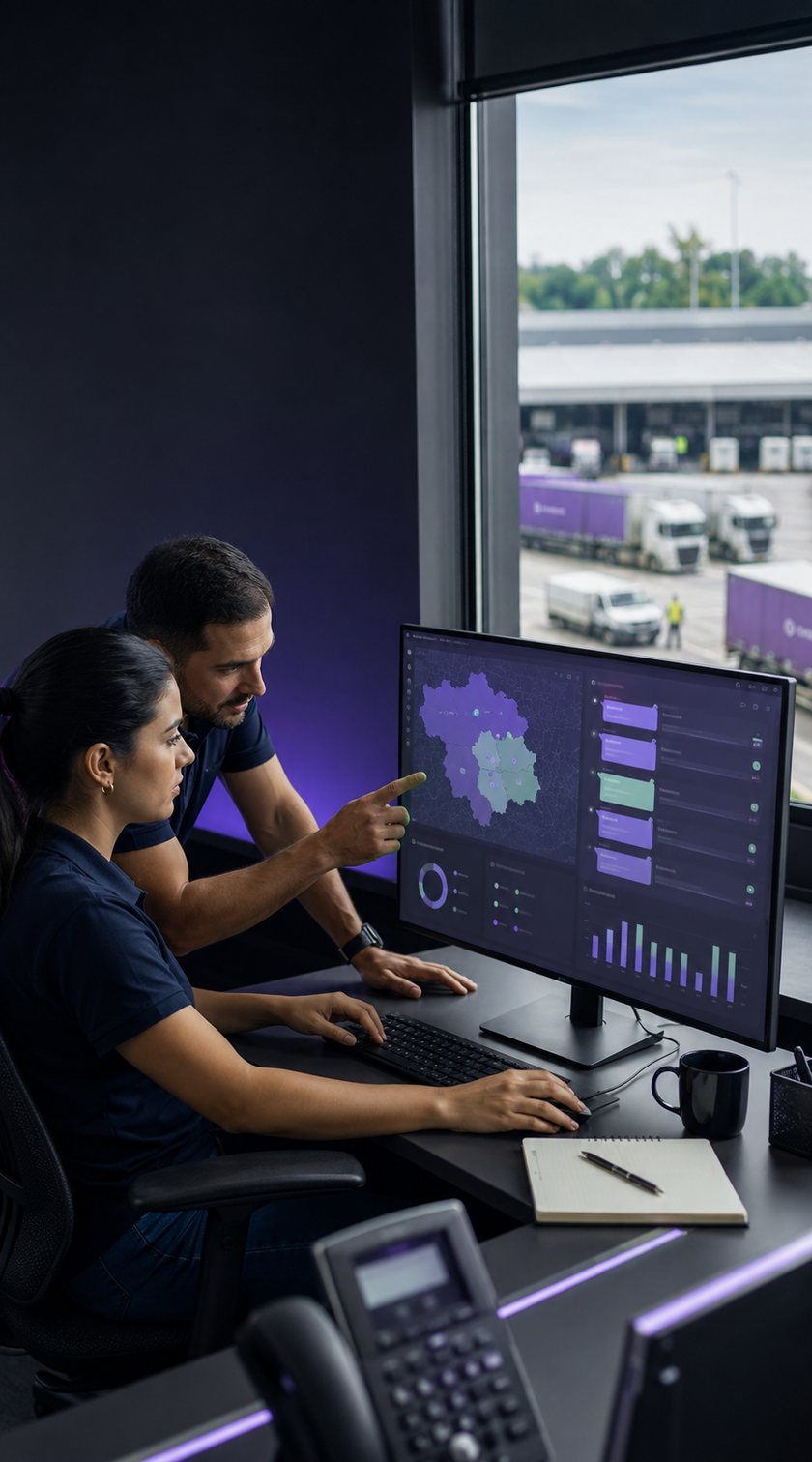 Equipe comercial vendo o mapa de motoristas disponíveis no painel da plataforma