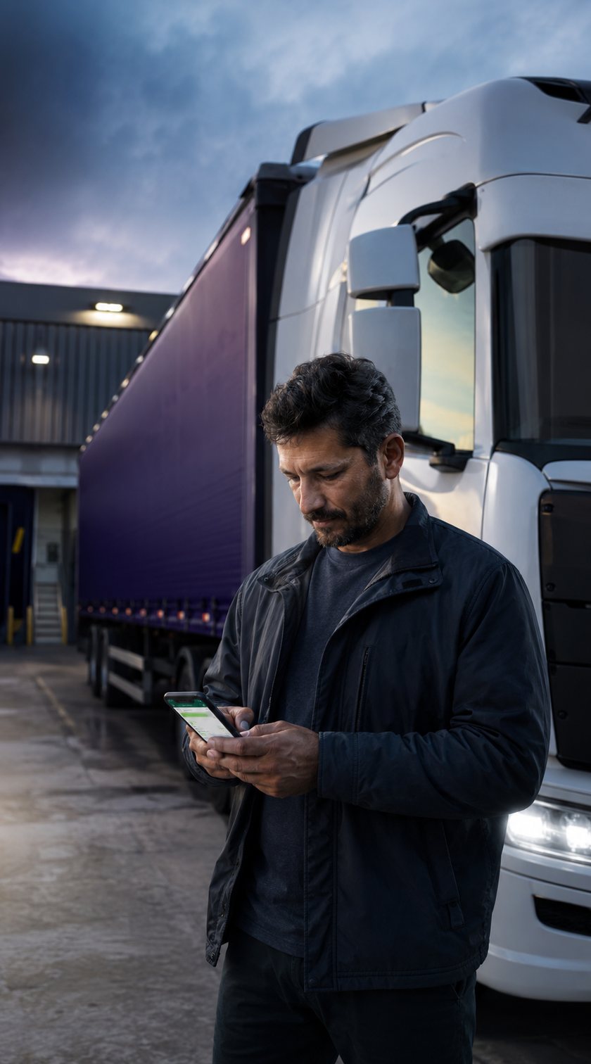 Motorista conversando com a Vanderle.ia pelo WhatsApp ao lado da carreta