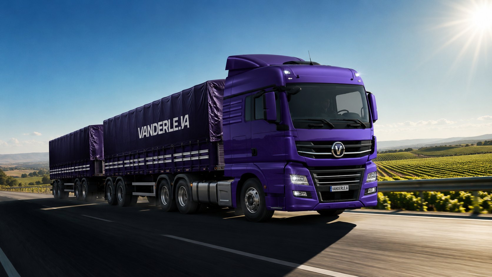 Carreta com a marca Vanderle.ia em viagem por uma rodovia